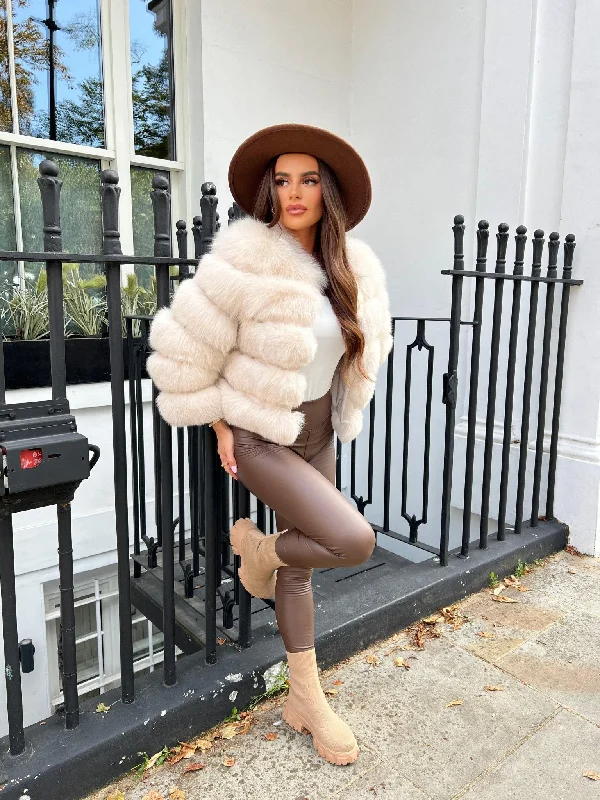 End Of The Year Beige Luxury Fur 5 Row Cropped Sleeve Jacket