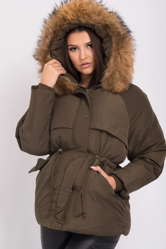 Dessert Matching Khaki Luxury Fur Padded Stopper Drawstring Coat