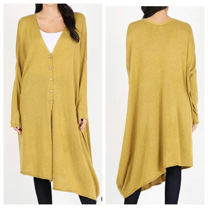 Fresh And Simple Mustard Gold Extra Long Asymmetrical Button Down Cardigan - One Size