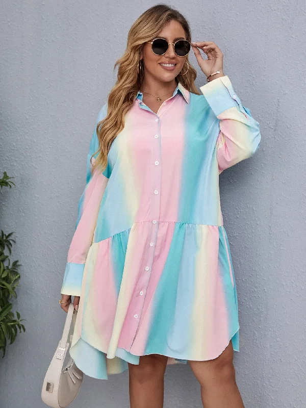 High-quality Styles Boho Ombre Ruffle Hem Long Sleeve Collar Flounce Drop Waist Knee Length Plus Size Dress