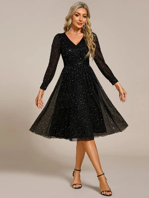 Warm Atmosphere Glitter Midi Wedding Guest Dress with Long Sleeves