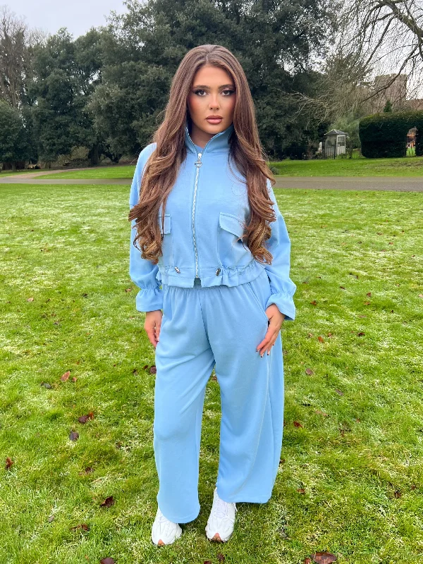 Classic Style Blue Zip Up Frill Hem Jacket