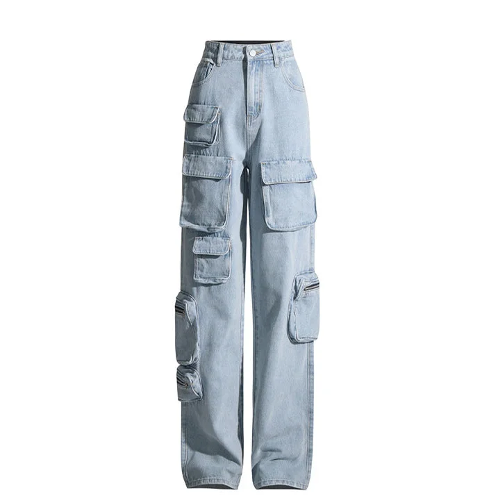 Fashionable and versatile Vintage Wash High Rise Zippered Oversized Pocket Cargo Jeans Wholesale Women'S Bottom