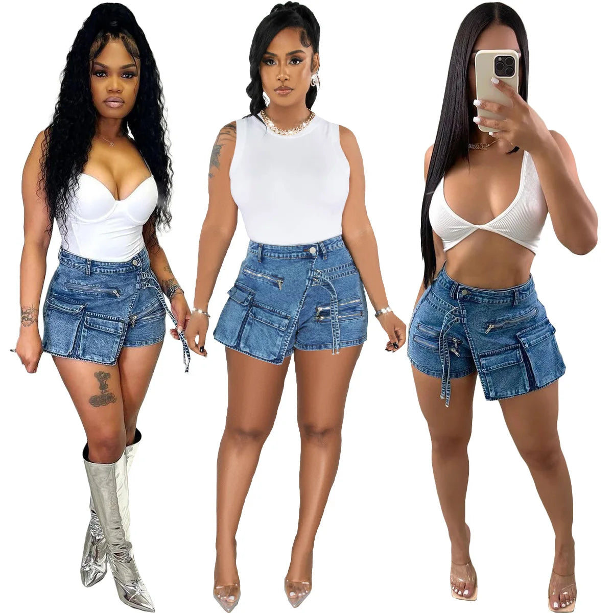 Sports Casual Style Bomblook C1209PT High Quality Denim Shorts Pockets Shorts Solid Streetwear Stylish Strtechy Denim Cargo Short