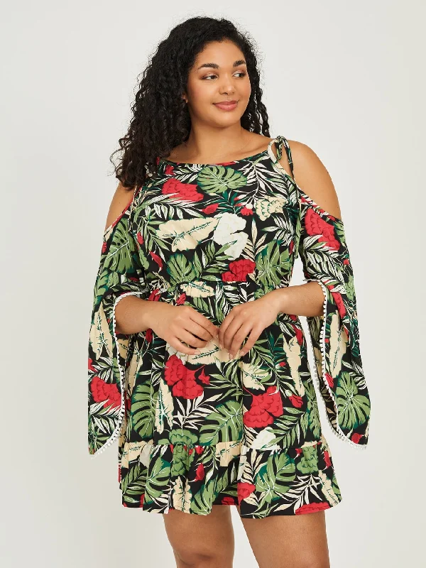 Lively And Youthful Boho All Over Print Ruffle Hem Long Sleeve Cold Shoulder Flounce High Waist Short Plus Size Dress