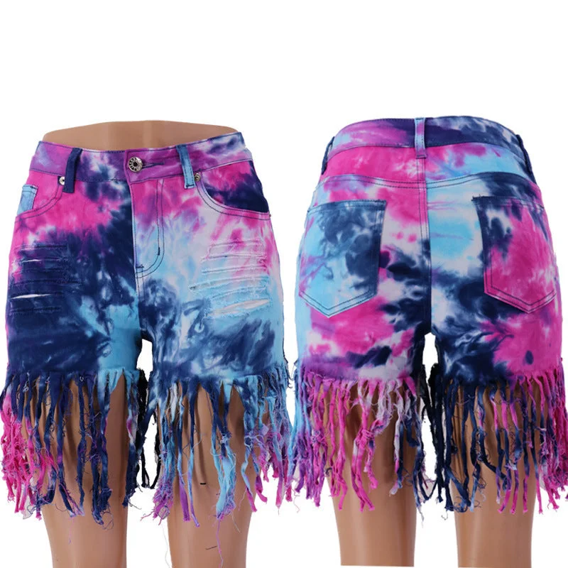 Chic Comfort Tie Dye Fringe Women's Jeans Ripped Hip Low Waist High Elasticity Wholesale Womens Clothing N3823090500036