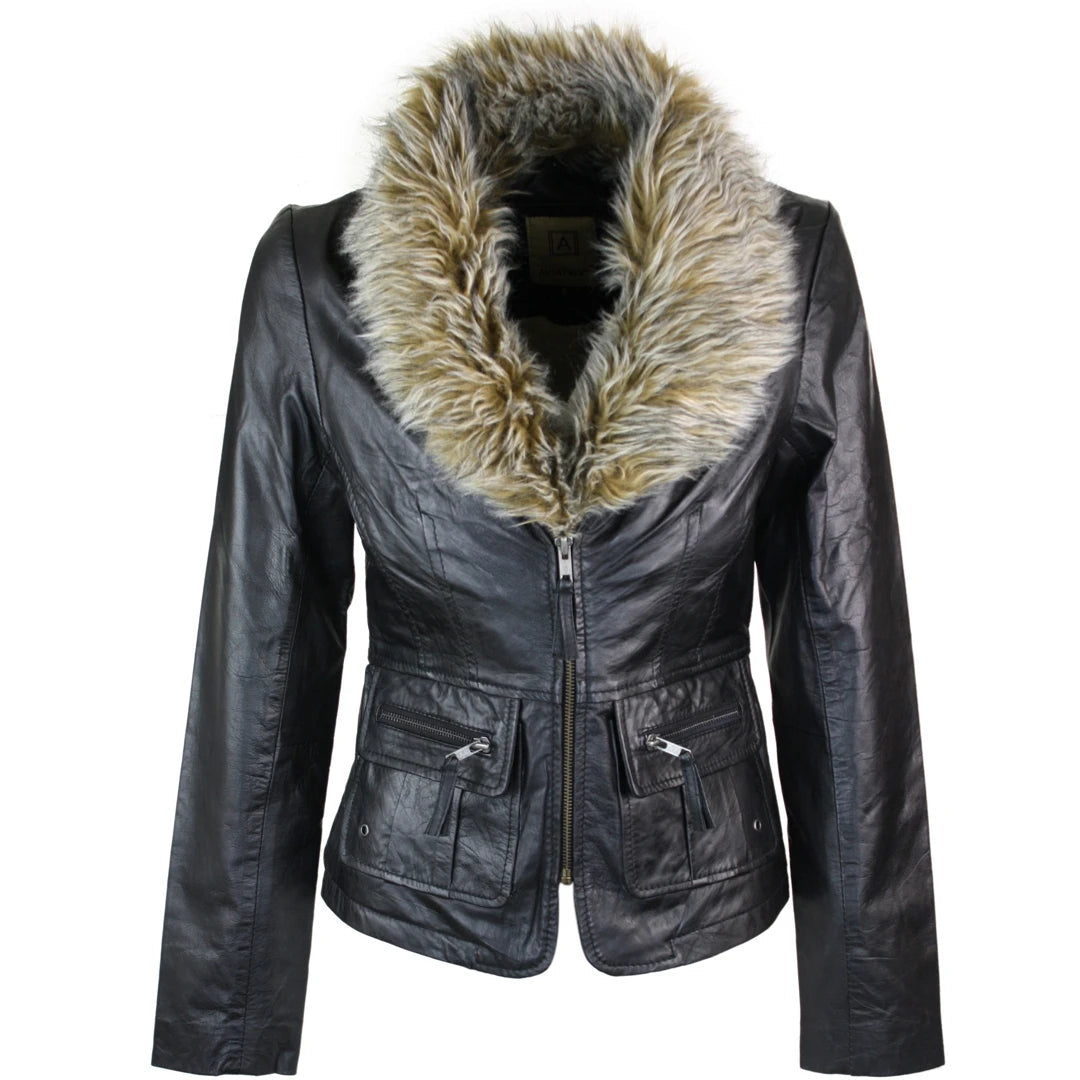 Luxury Style Women's New Short Black Leather Jacket Coat Faux Fur Collar