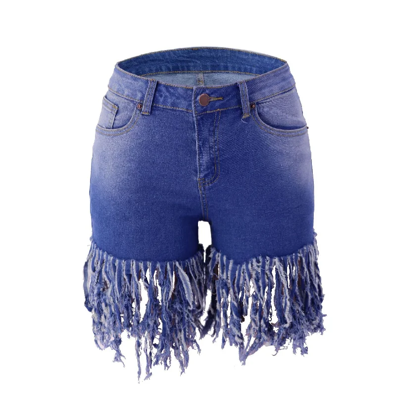 Comfort Fit Trendy Fringed Denim Shorts Wholesale Womens Clothing N3823090500953