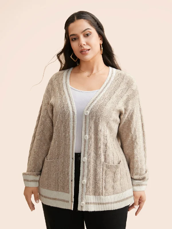 Luxury and fashionable Contrast Trim Cable Knit Pocket Cardigan