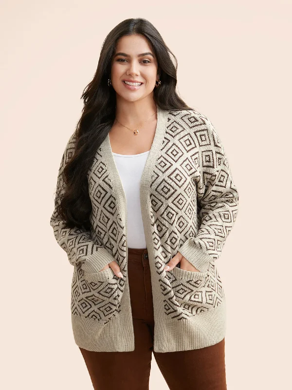 Sports Zipper Style Geometric Drop Shoulder Patch Pocket Cardigan