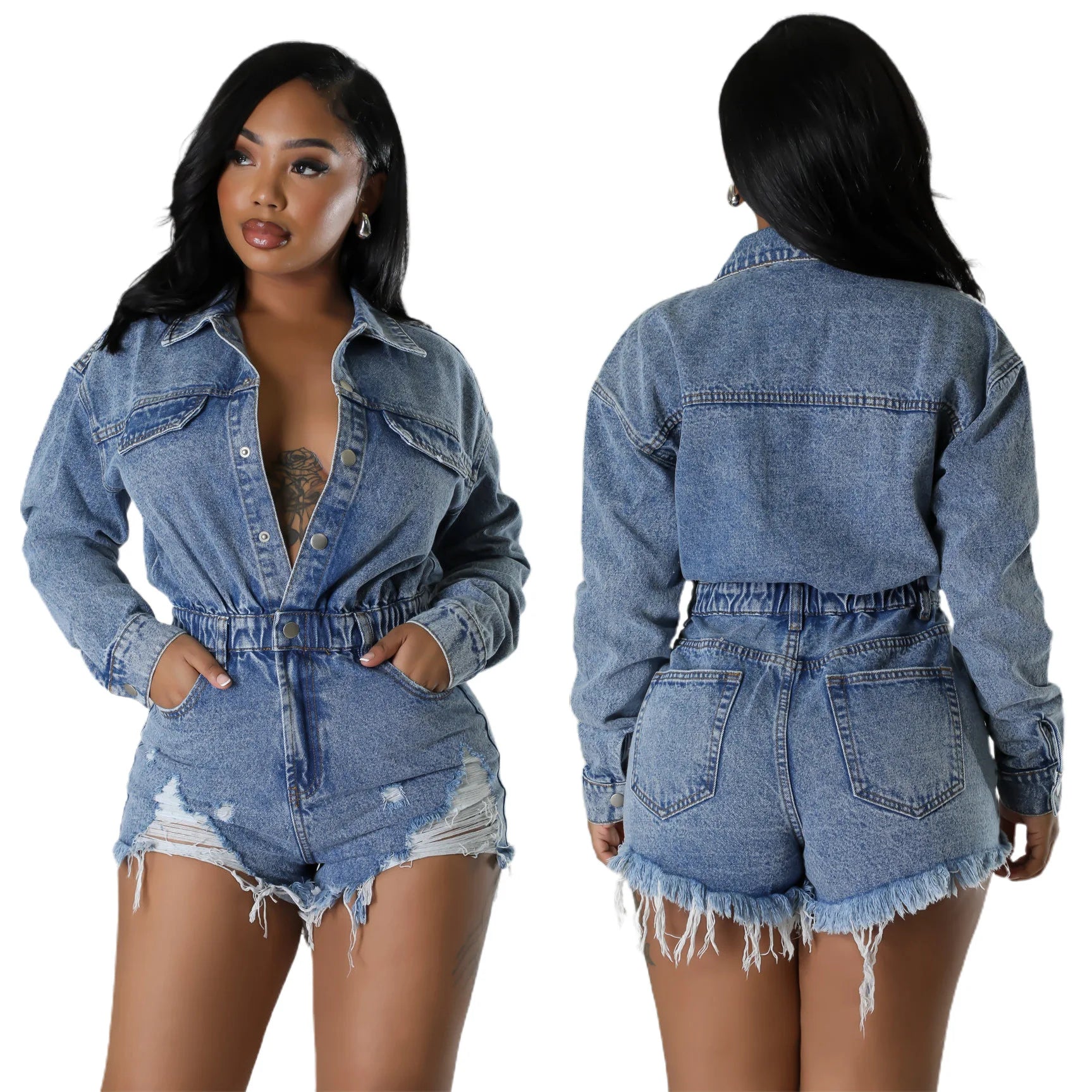 Printing decoration Z174354 2023 sexy bodysuit ladies jumpsuit elegant womens dark blue elastic High Stretch Ripped Tassel Loose Wash Denim jumpsuit