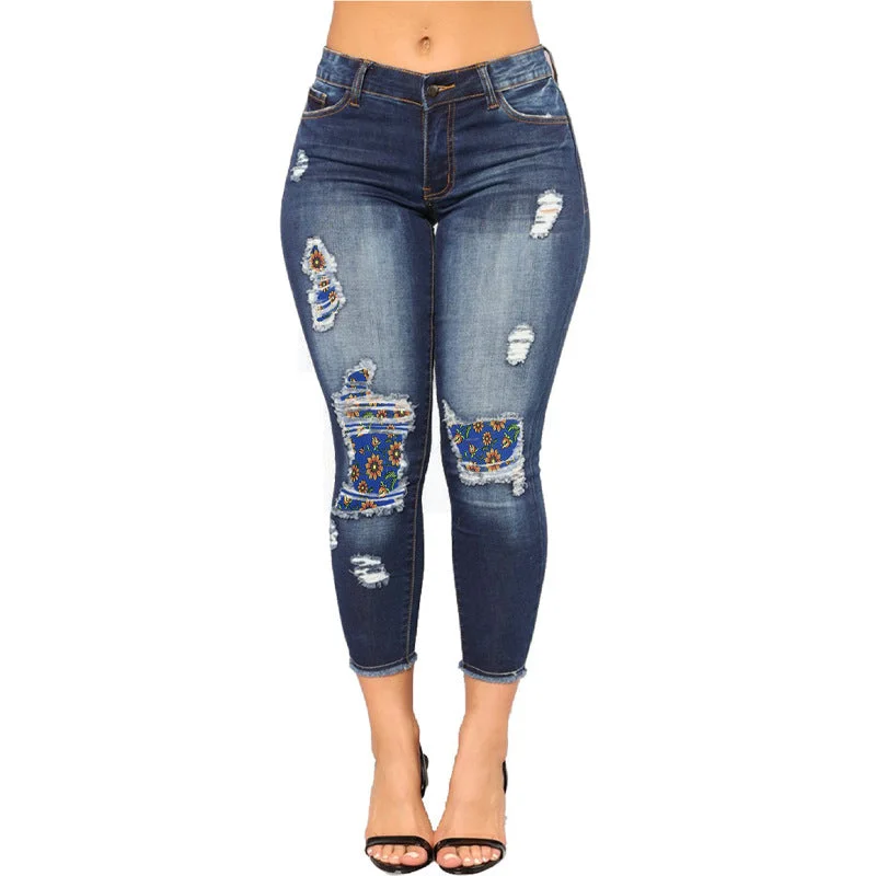 Street Style Suit High Waisted Stretchy Painted Denim Pencil Calf Pants Wholesale Womens Clothing