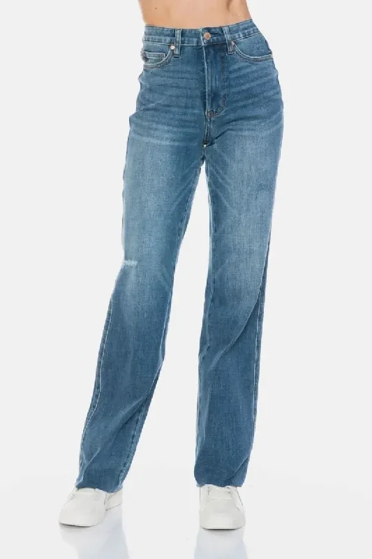Lounge Chic Judy Blue Full Size Tummy Control Cut Raw Hem Straight Jeans