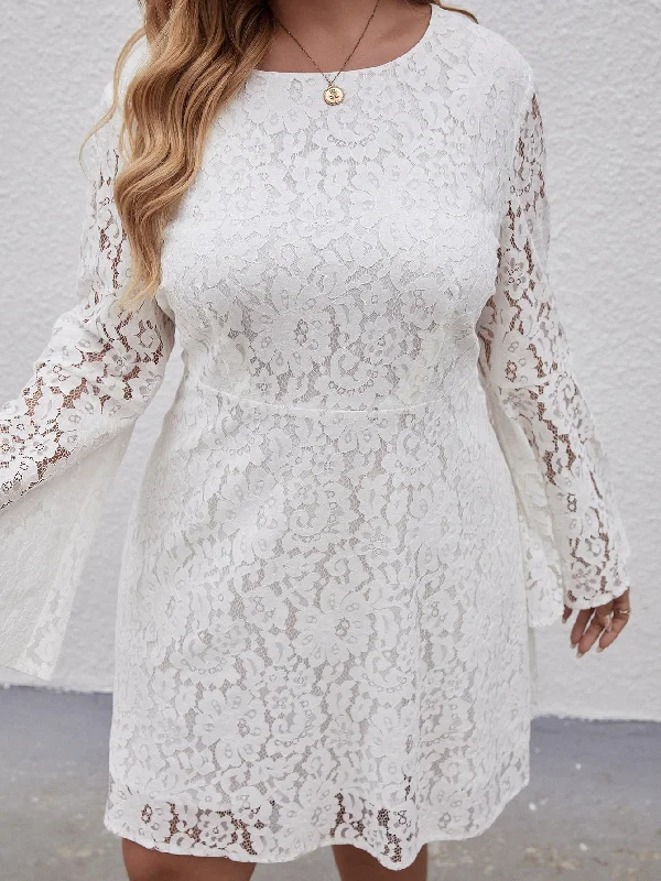 Lace Design Elegant Floral Long Sleeve Round Neck Flared High Waist Midi Plus Size Dress