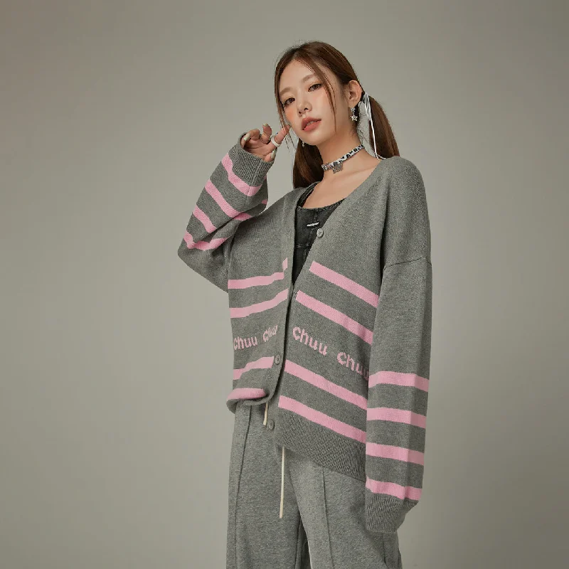 Street Style Lettering Striped Knit Cardigan
