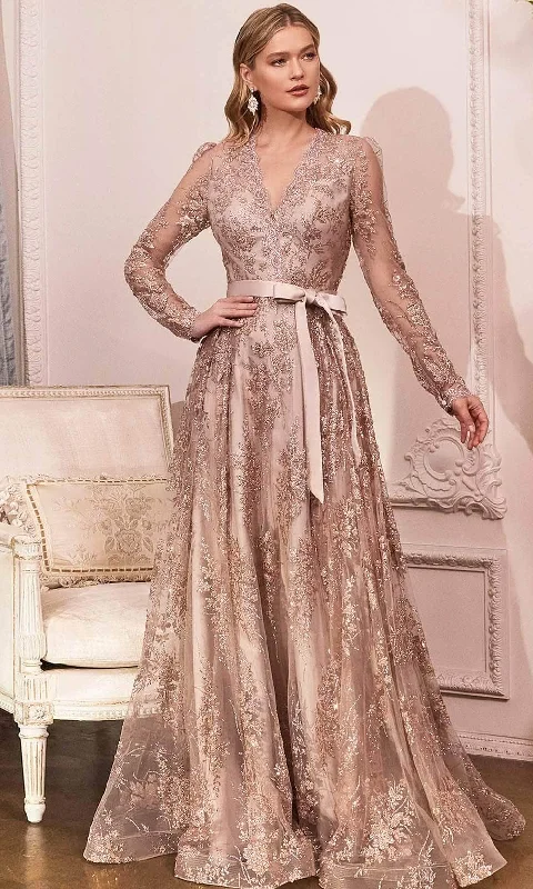 Street Fashion Ladivine CD233 - Embellished Long Sleeve V-neck Gown