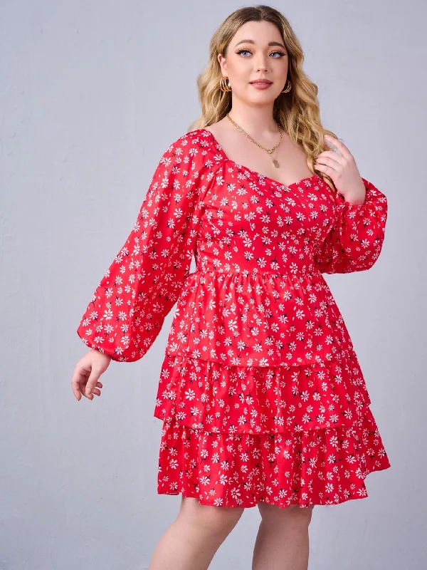 Fashion Elements Boho All Over Print Tiered Layer Long Sleeve Sweetheart Layered/Tiered High Waist Short Plus Size Dress