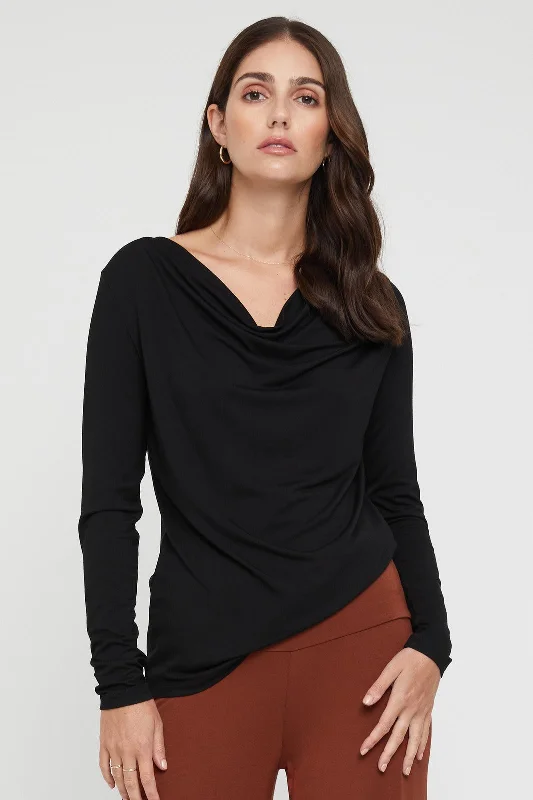 Fashion Selection Long Sleeve Cowl Neck Top - Black