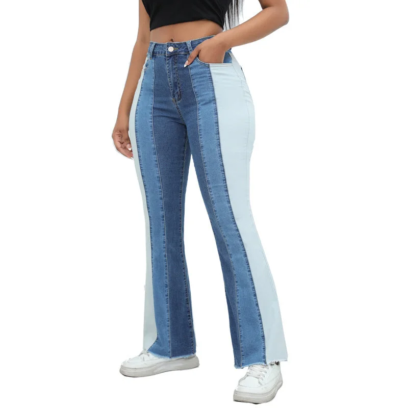 Comfortable Jackets Stretch High Waist Color Block Flare Wide Leg Jeans Wholesale Womens Clothing