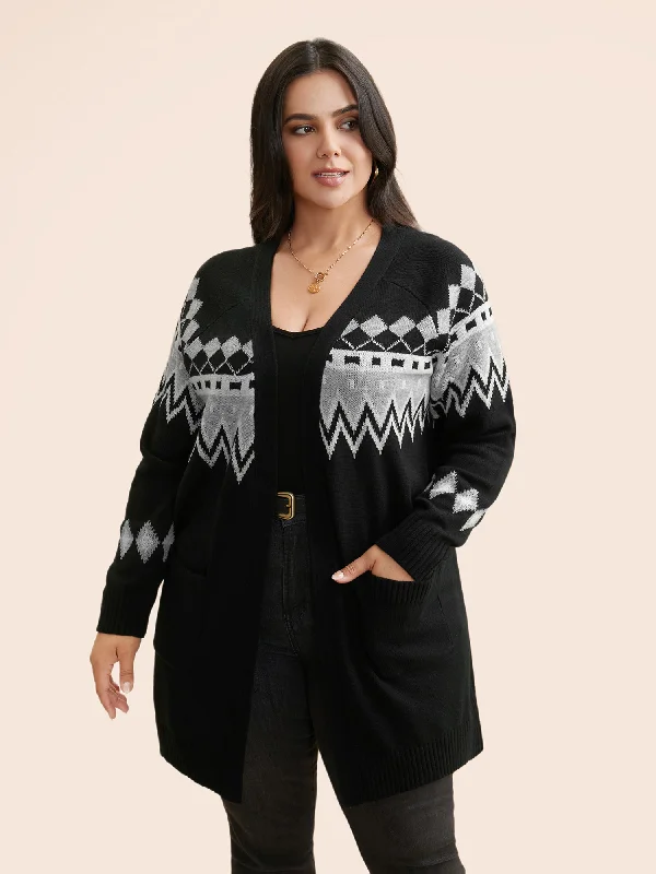 Sports Casual Style Bandana Geometric Raglan Sleeve Cardigan