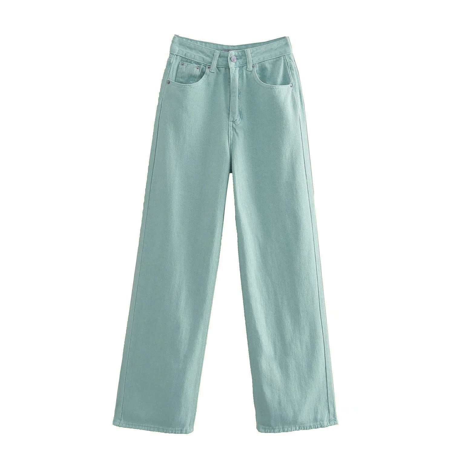 Cozy Shirts Women's Mint Green High-Waisted Wide Leg Denim Jeans