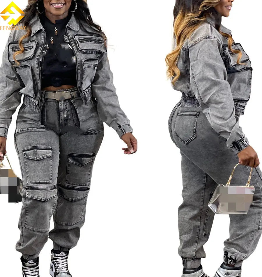 Effortless Wear Women's 2-Piece Denim Cargo Jacket & Jogger Set