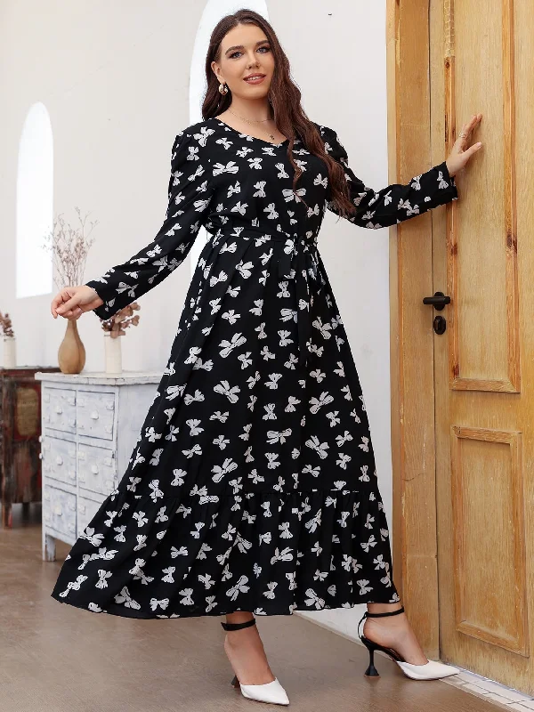 Free And Casual Elegant All Over Print Belted Long Sleeve V Neck Flared High Waist Long Plus Size Dress