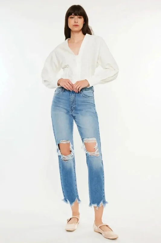 Stand-up collar design Kancan Distressed Frayed Hem Cropped Jeans