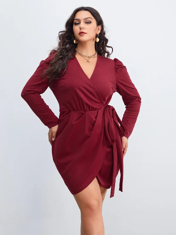 Sports Trend Elegant Plain Wrap Long Sleeve V Neck Wrap High Waist Short Plus Size Dress