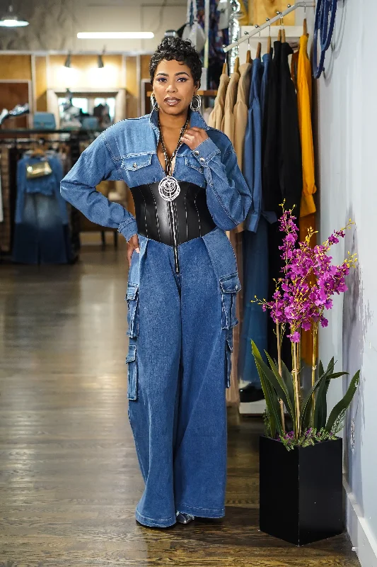 Classic style Bring it In Faux Leather Denim Cargo Jumpsuit