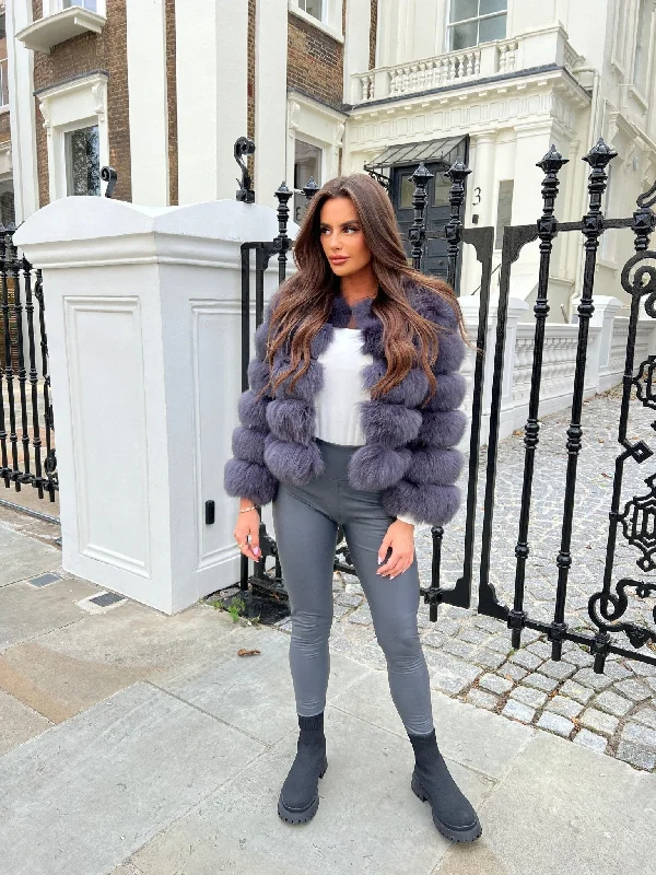French Style Charcoal Luxury Fur 5 Row Cropped Sleeve Jacket