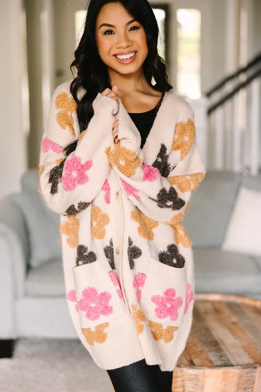 Sports outdoor style It's All For You Oatmeal Brown Floral Cardigan