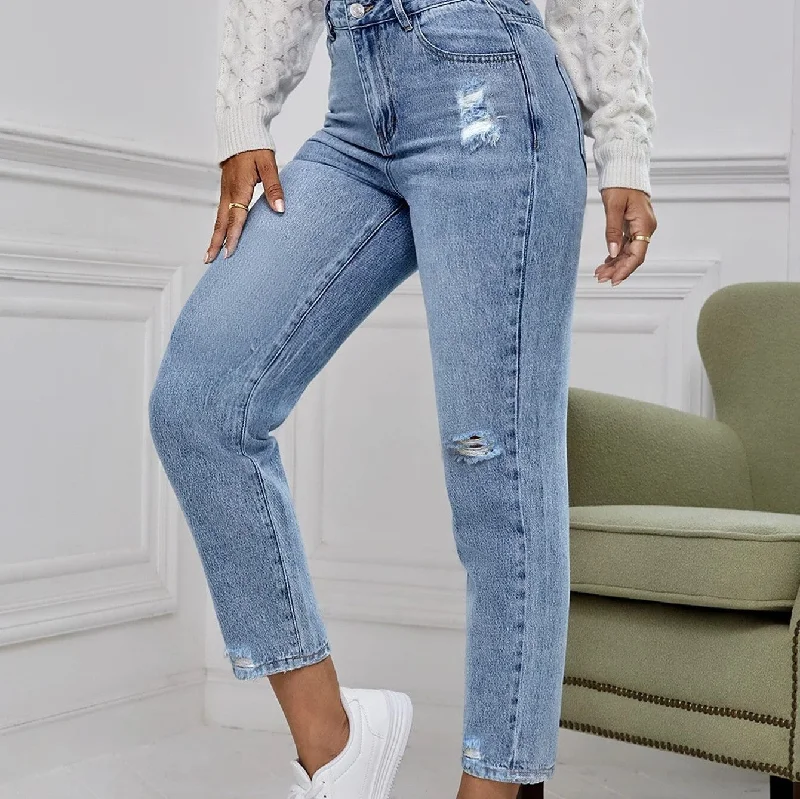 Knitted Design Fashion Personality Ripped Denim Straight Leg Pants Wholesale Jeans