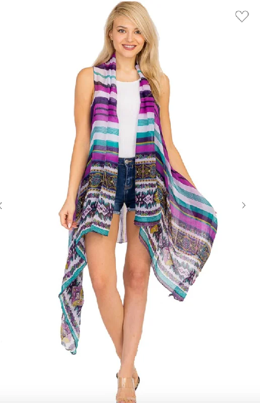 Comfortable Outfits Multi Stripe Tribal Trim Sleeveless Kimono Vest - 2 Colros
