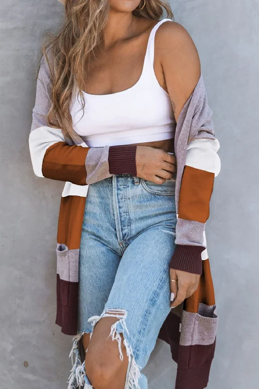 Fun and cute Color Block Open Front Ribbed Cuff Cardigan with Pockets
