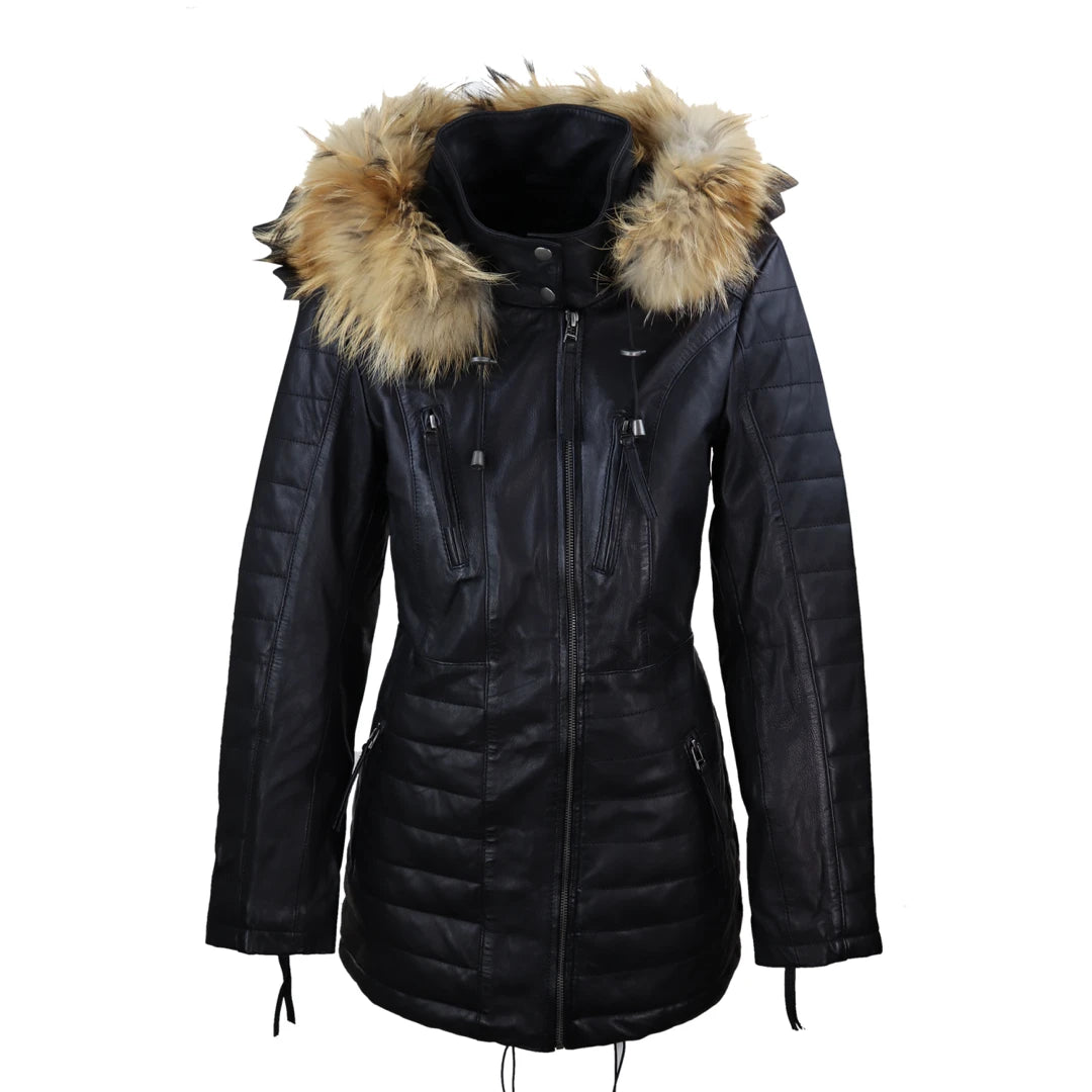 High-end Fashion Women's Leather Black Trench Mid Length Hood Raccoon Fur Winter Jacket