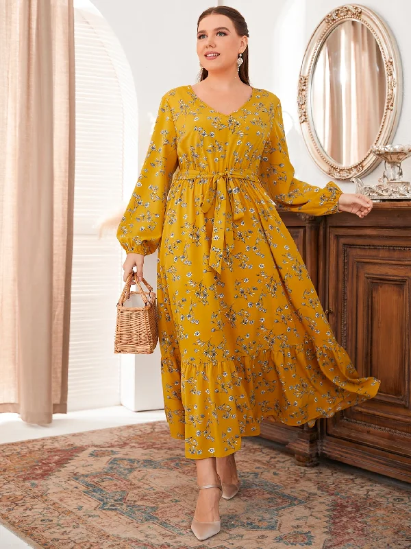 Classic Style Boho Floral Ruffle Long Sleeve V Neck Flounce High Waist Long Plus Size Dress