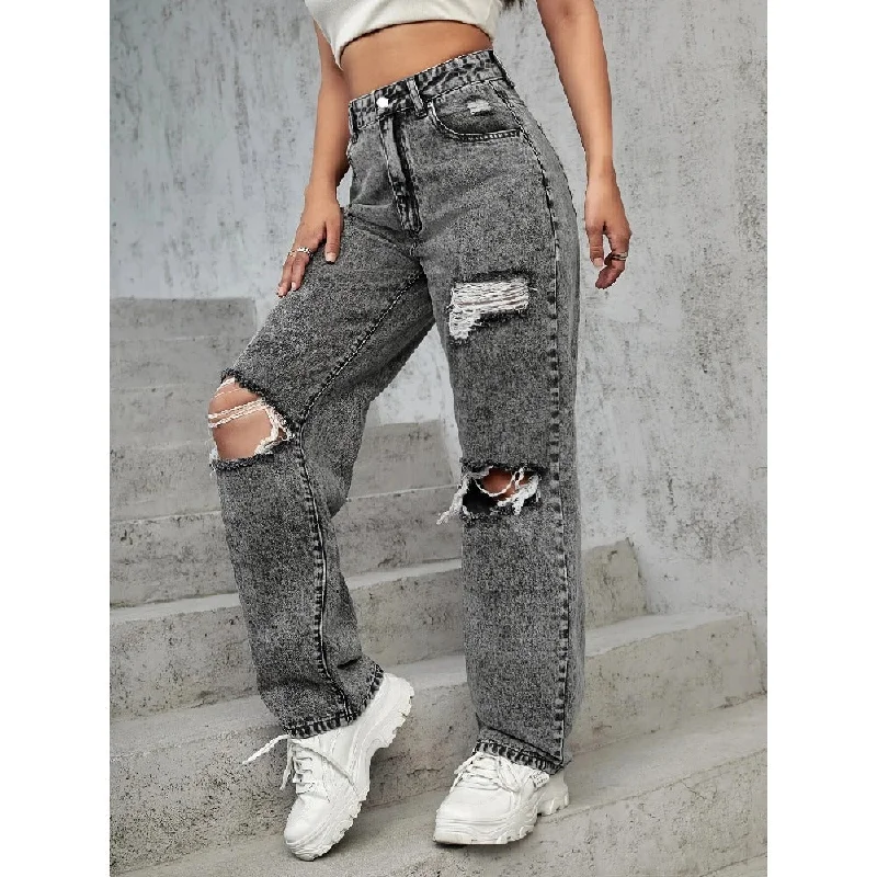 High-quality fabrics Fashion Solid Color Hole Denim Straight Pants Wholesale Jeans