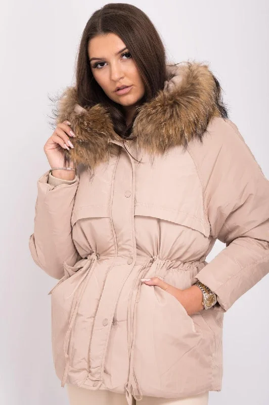 College Style Beige Luxury Fur Padded Stopper Drawstring Coat
