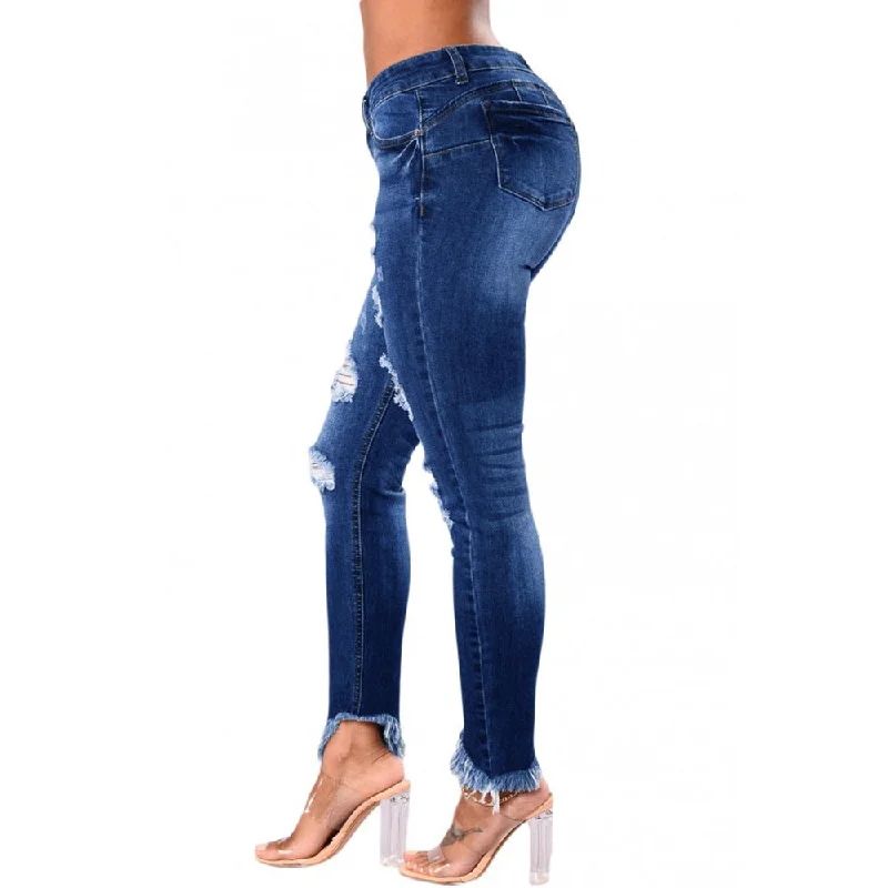 Soft Comfort Slimming And Hip Lifting Hole Breaking Low Waisted Fringe Jeans Wholesale Womens Clothing