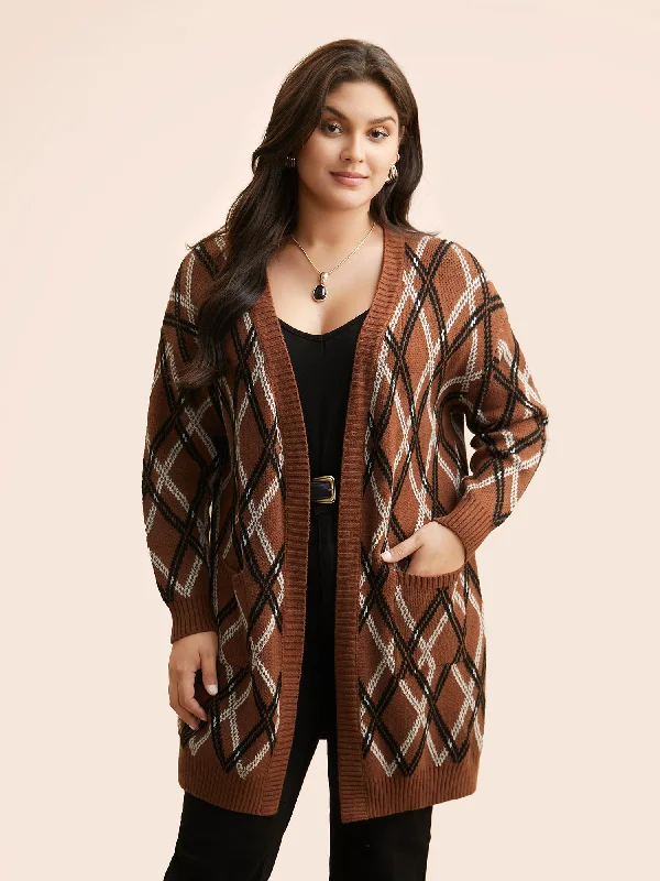 Smart Casuals Plaid Pocket Drop Shoulder Sleeve Cardigan