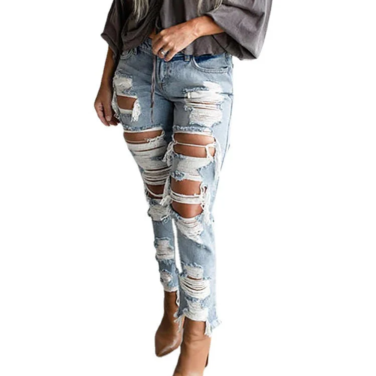 Sports Comfort Style Fashion Hole Frayed Tassel Jeans Wholesale Womens Clothing