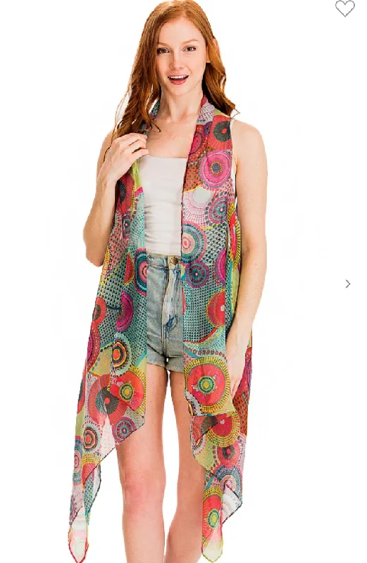 Round neck design Multi Colored Mandala Print Semi Sheer Vest - 2 Colors
