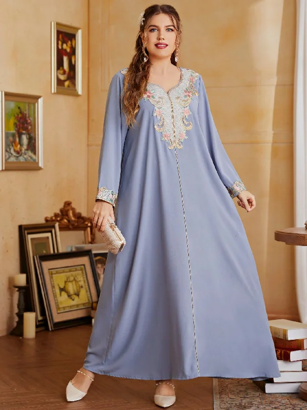 American Style Casual Embroidery Long Sleeve V Neck Flared Maxi Plus Size Dress