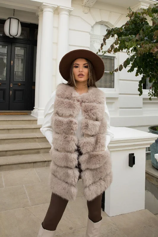 Noble And Elegant Beige Premium Faux Fur Longline Gilet