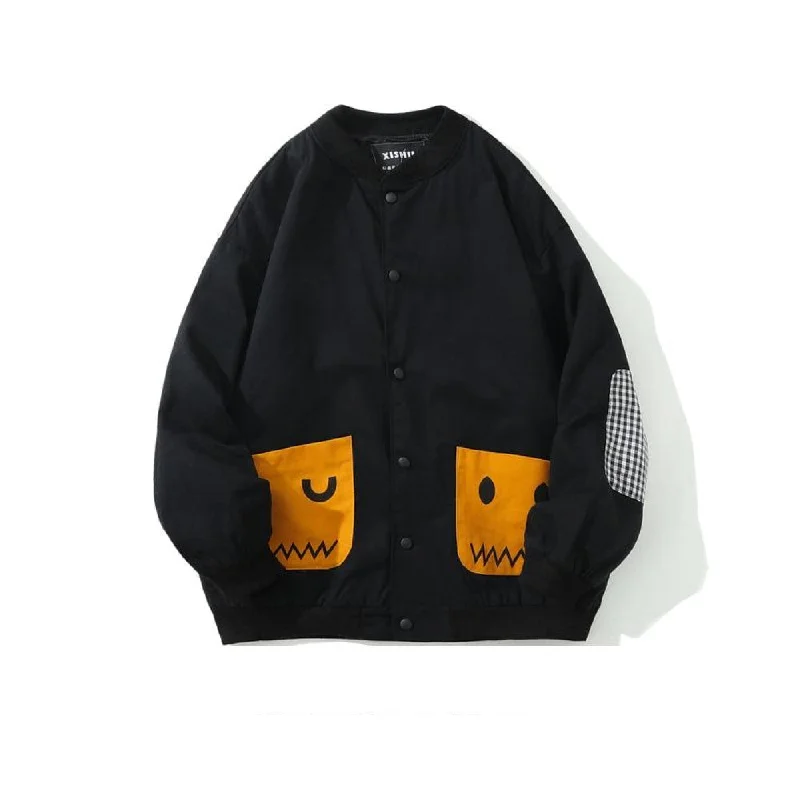 High Street Fashion Contrasting Color Cartoon Pocket Baseball Jacket