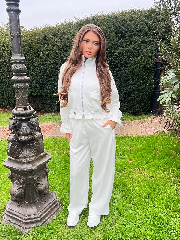 Retro Prints White Zip Up Frill Hem Jacket