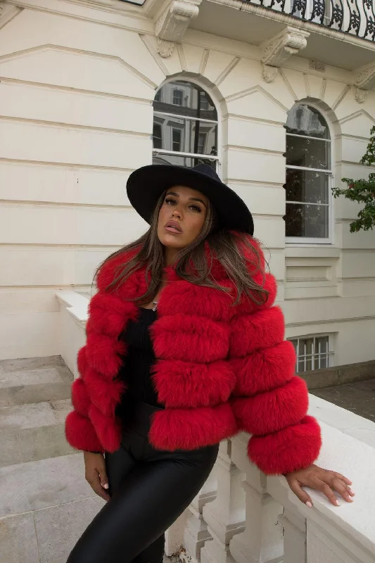 Retro Fashion Red Luxury Fur 5 Row Cropped Sleeve Jacket
