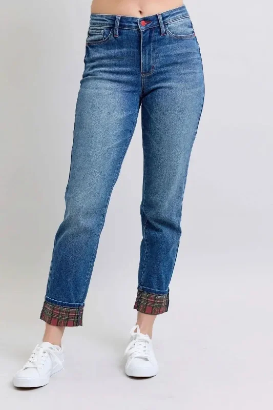 Retro Literary Style Judy Blue Full Size Plaid Print Cuff Straight Leg Jeans with Pockets