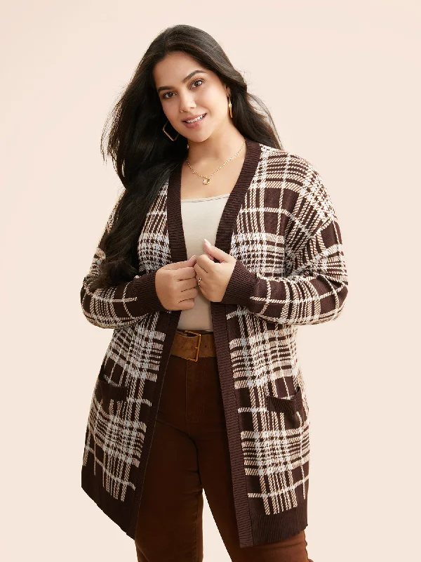 Street Personality Style Plaid Open Front Patch Pocket Cardigan